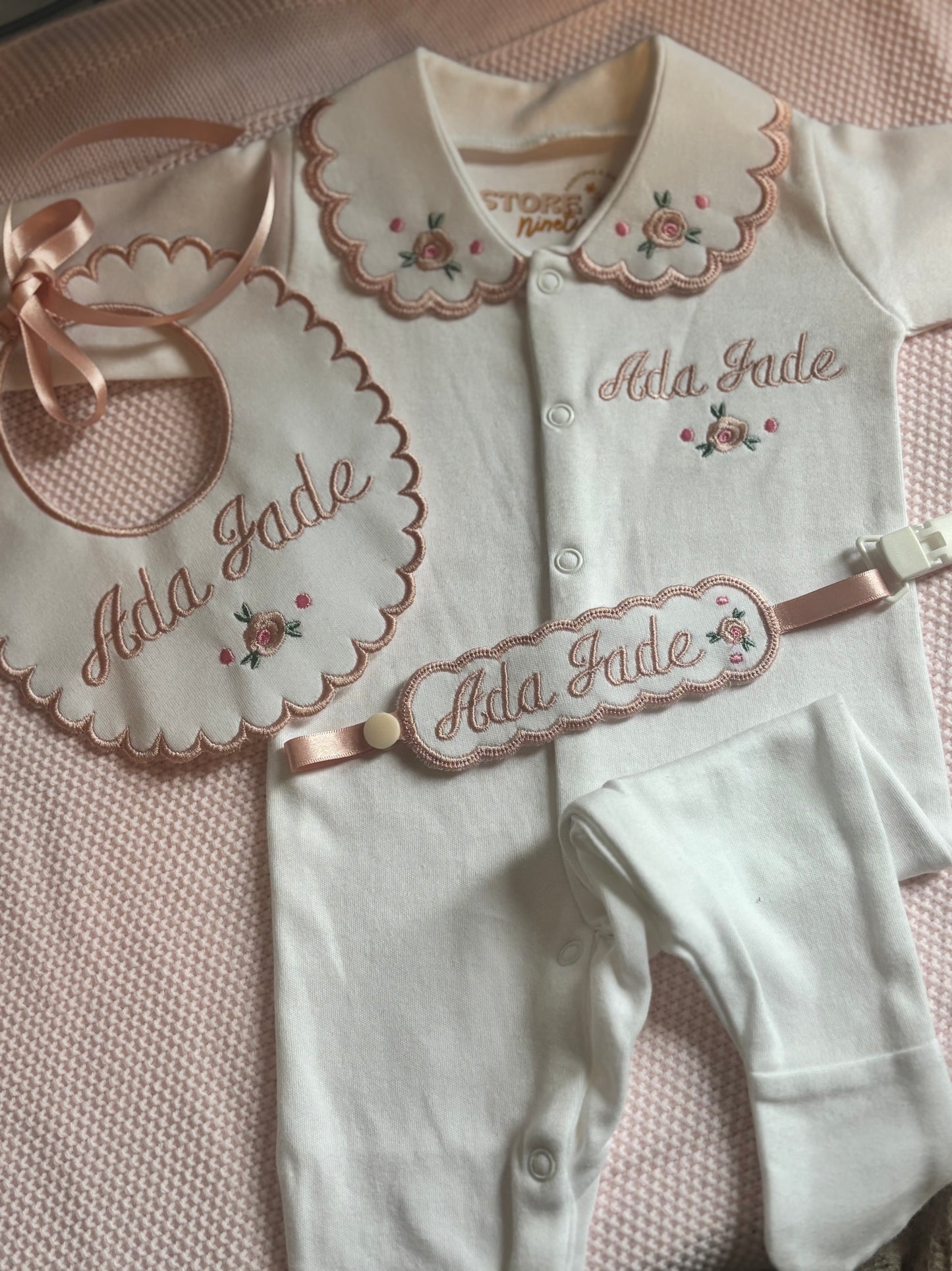 Personalised Rose embroidered 3 piece set