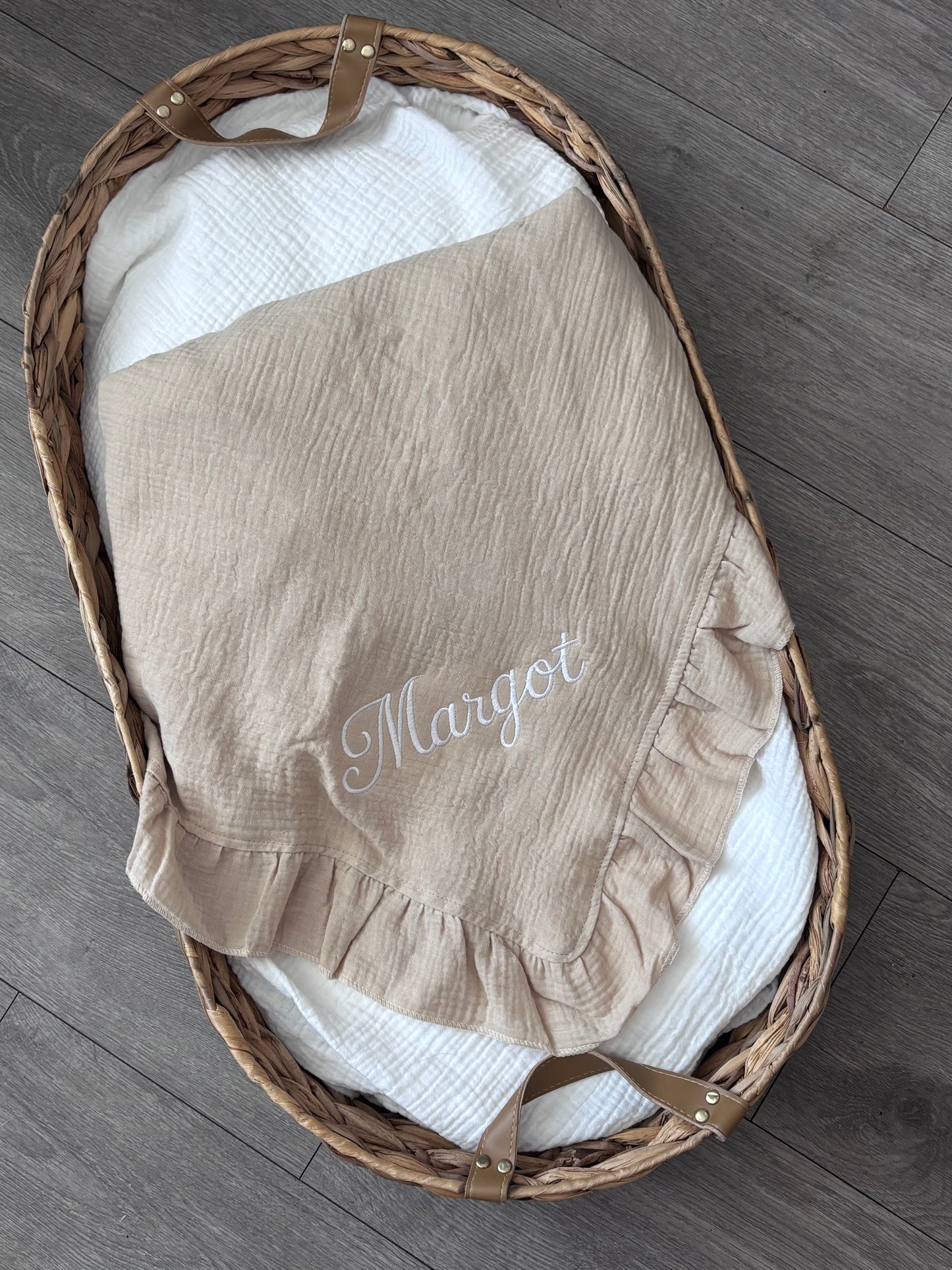Personalised Embroidered Muslin Frill Blanket