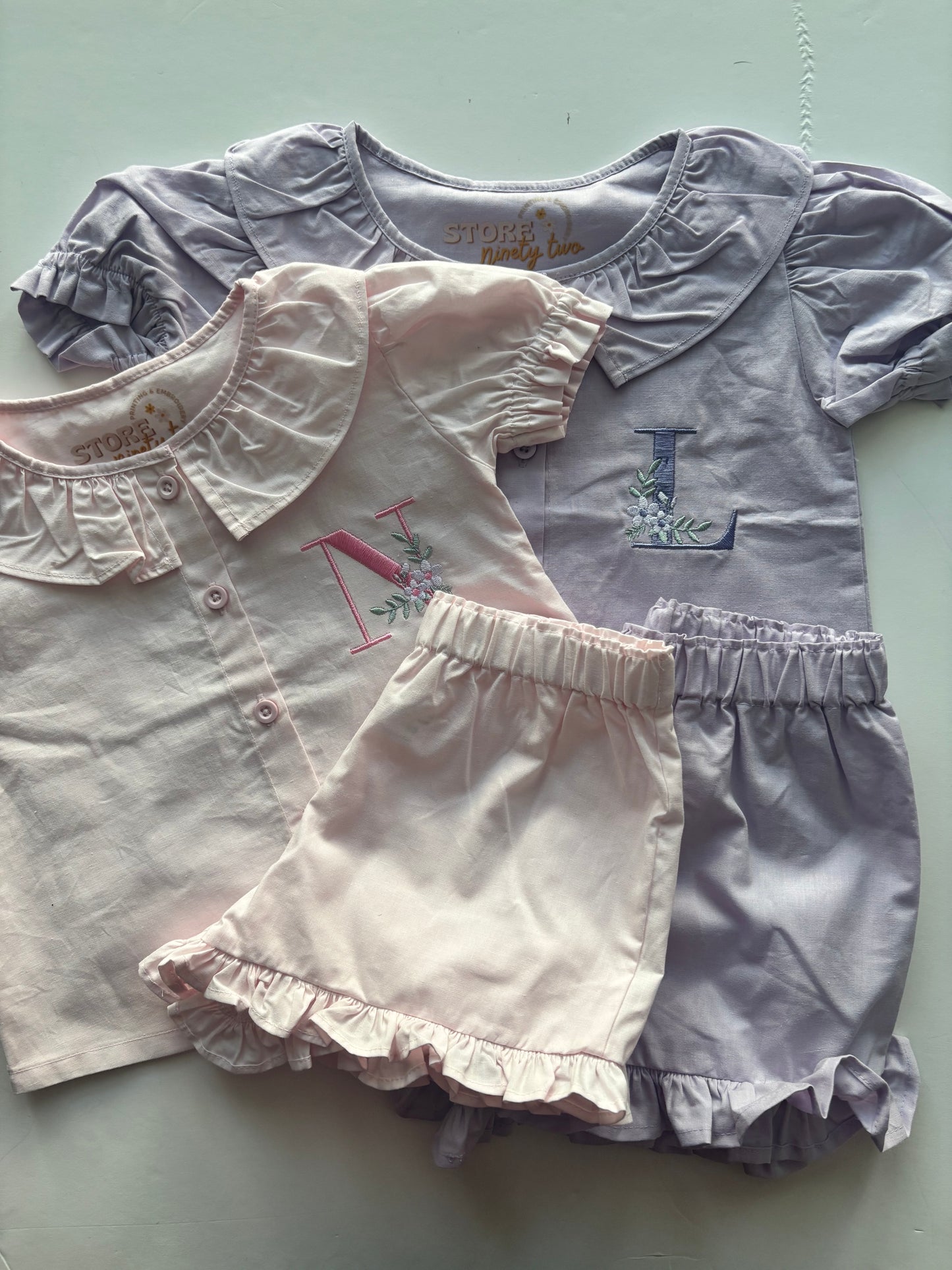 Floral Initial Linen Frill Shorts & T-Shirt Set