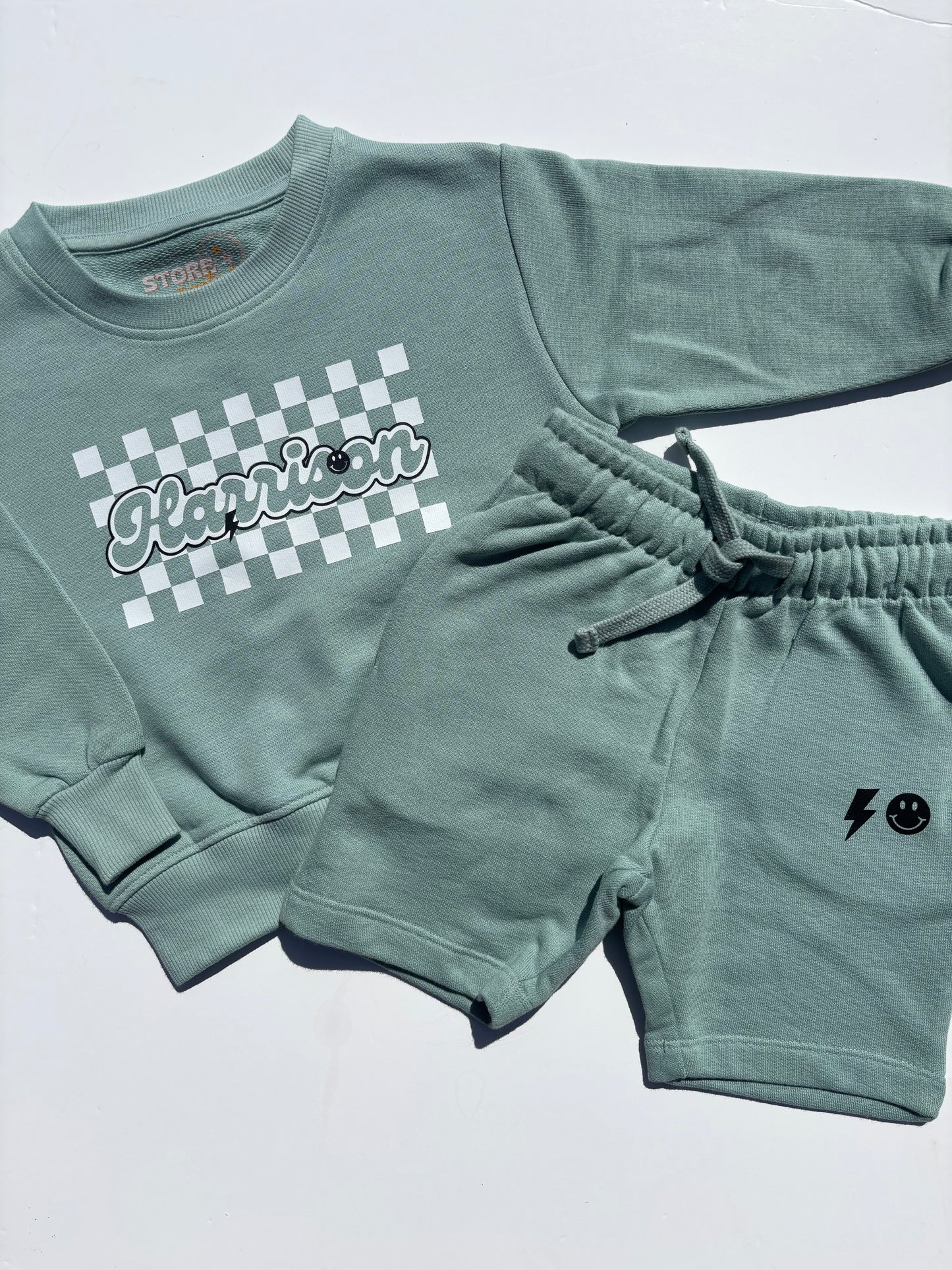 Checkerboard shorts and sweatshirt set
