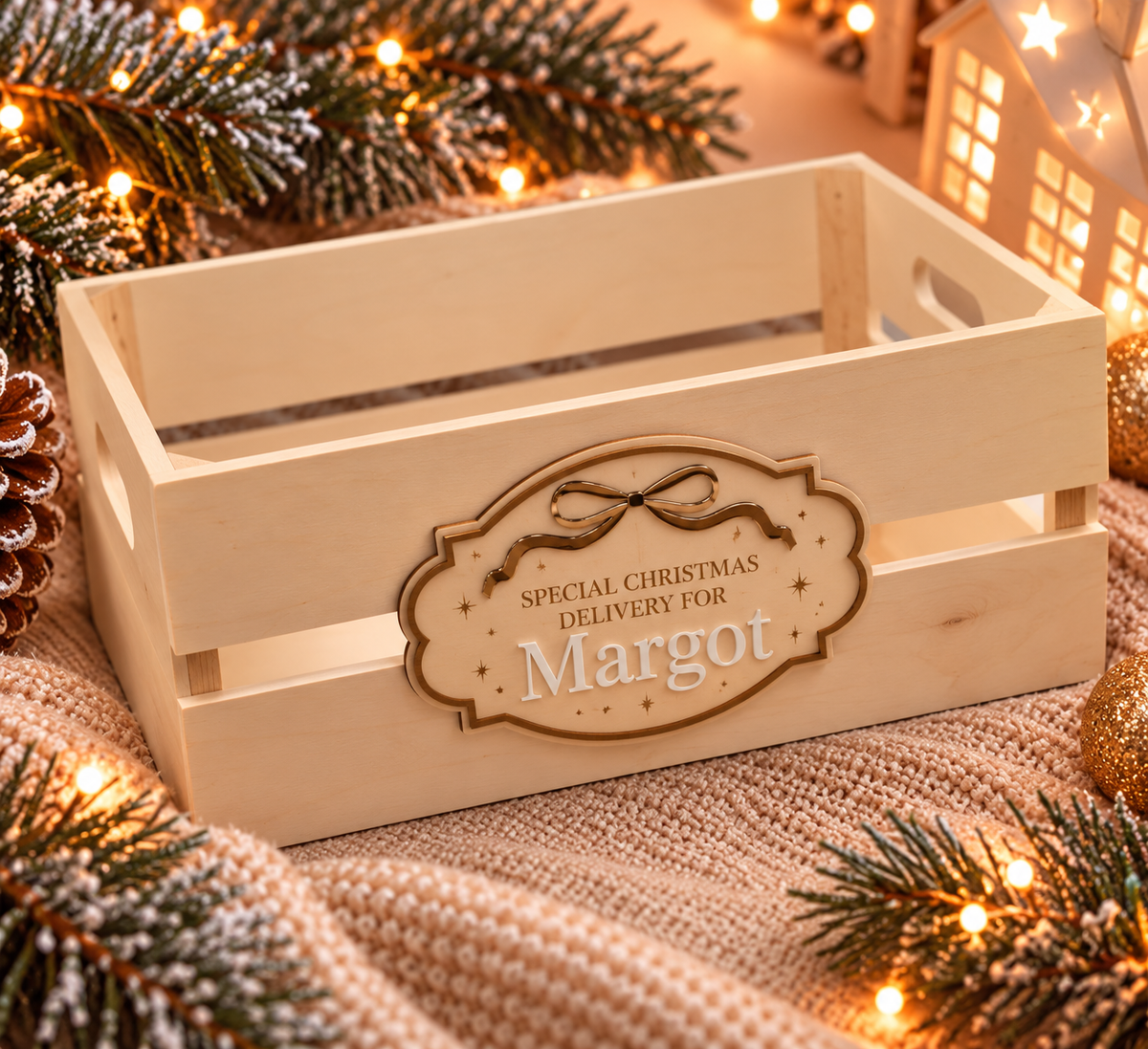 Personalised Wooden Christmas Crate - Bow Design