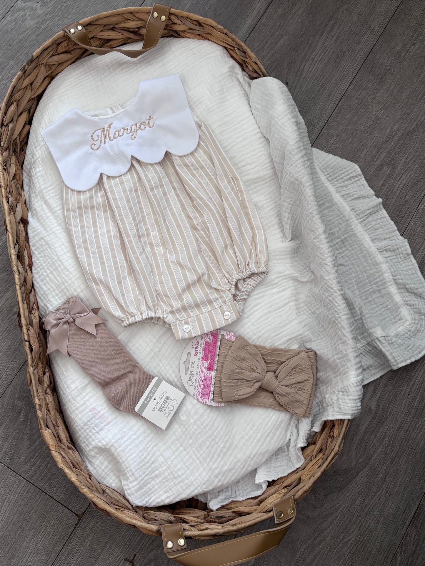 Beige Embroidered Scallop Romper