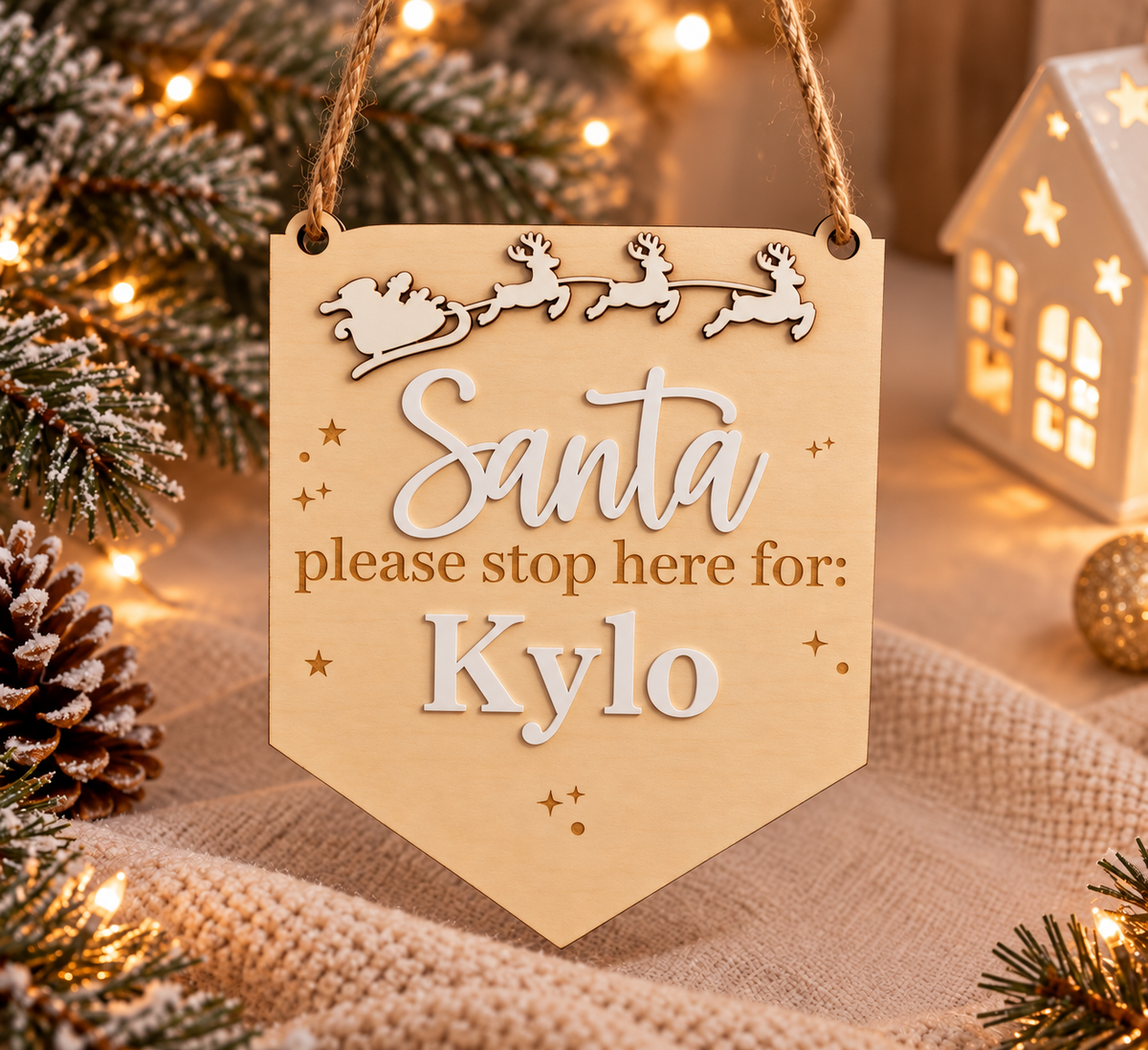 Personalised Wooden Santa Stop Here Sign - Reindeer Design
