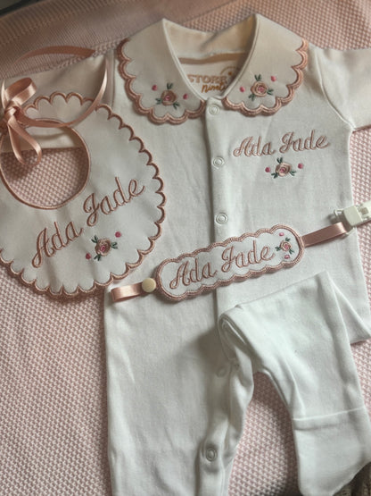 Personalised Rose embroidered 3 piece set