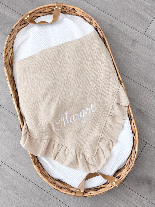 Personalised Embroidered Muslin Frill Blanket