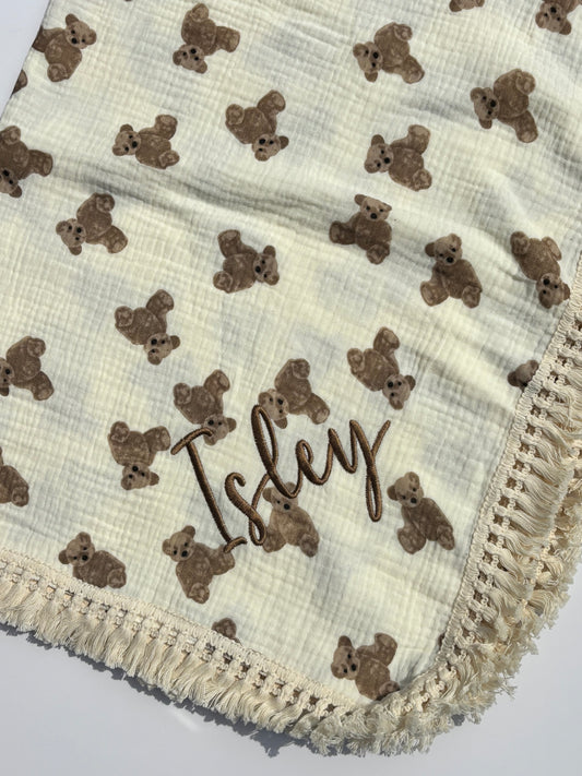 Personalised Embroidered Teddy Muslin Blanket