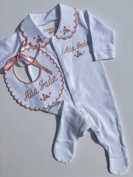 Personalised Rose embroidered 3 piece set