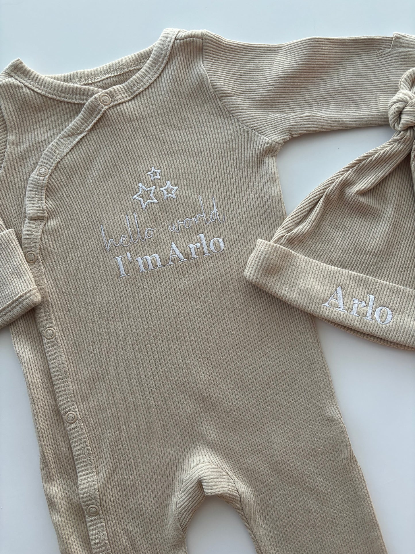 Ribbed embroidered hello world sleepsuit & hat