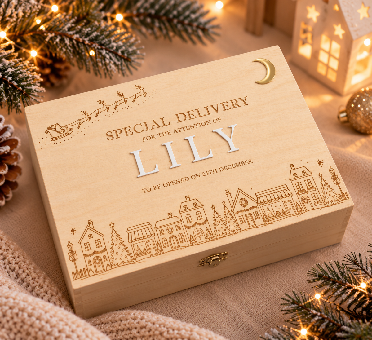 Personalised Wooden Christmas Eve Box - Christmas Town Design