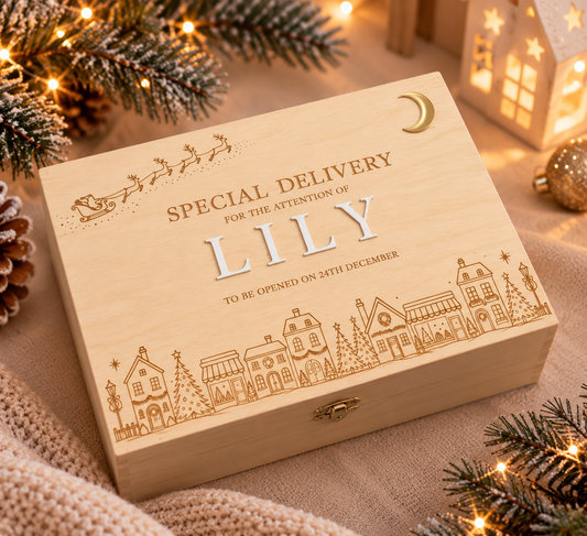 Personalised Wooden Christmas Eve Box - Christmas Town Design