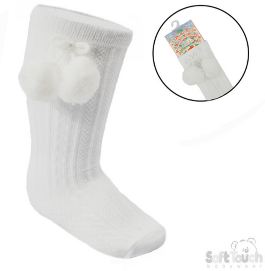 White Knee High Pom Pom Socks